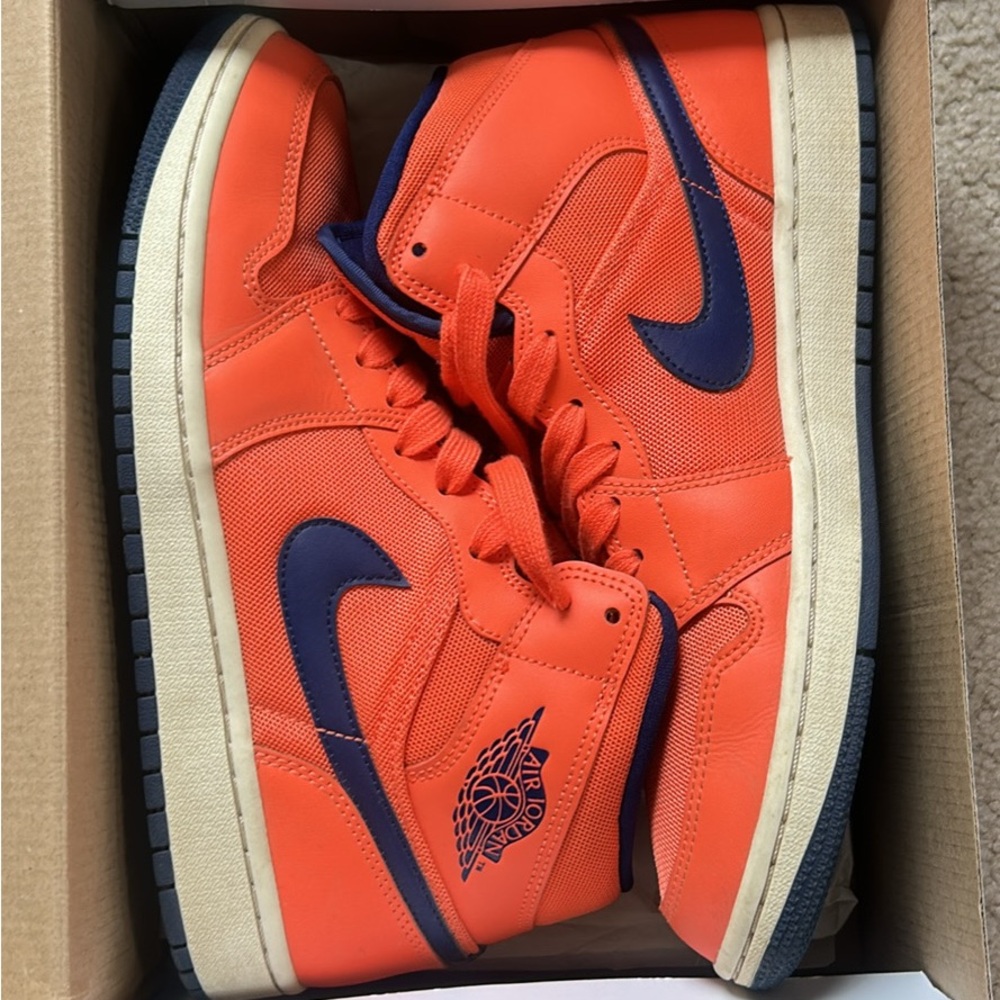 Vibrant Orange and Navy Mid-Top Sneakers